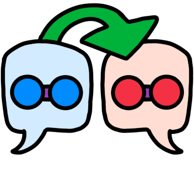 Two speech bubbles. One is very pale blue, one is very pale red. The blue one has two blue circles, connected by a purple line. The red one has two red circles, connected by a purple line. A curved green arrow points from the circled in the blue speech bubble to the circles in the red speech bubble.